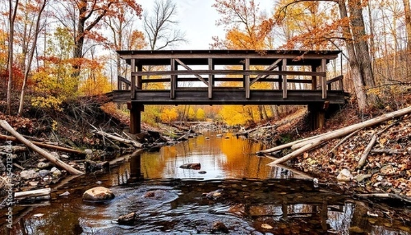 Fototapeta Wooden bridge over calm stream surrounded by autumn foliage  