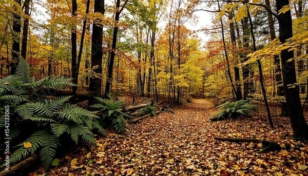 Fototapeta Autumn forest path lined with colorful leaves and trees  