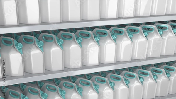 Fototapeta Close-up of supermarket shelves with white soft liquid packaging pouches with handle design and green screw cap. 3d illustration
