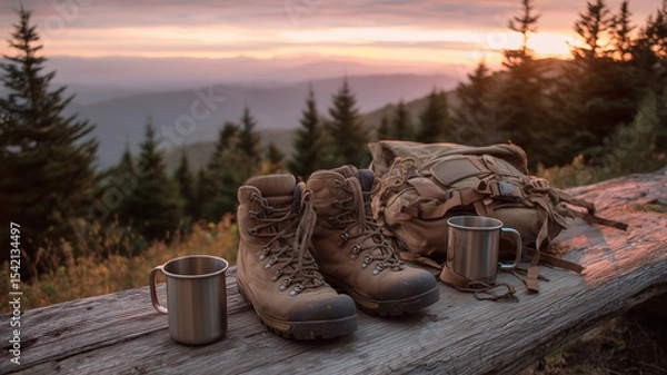 Fototapeta Golden sunset lighting trail gear on weathered wood hiking boots, backpack, and mugs with forest ridge fading in the distance