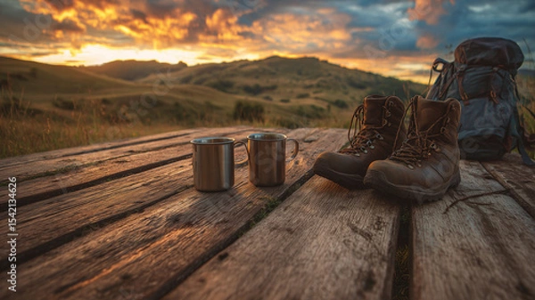 Fototapeta Hiking boots and metal mugs beside a backpack on an old deck as sunset glows over rolling countryside in warm evening light
