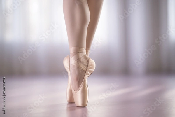 Fototapeta Graceful Ballet Dancer Standing on Pointe Shoes in Soft Studio Light