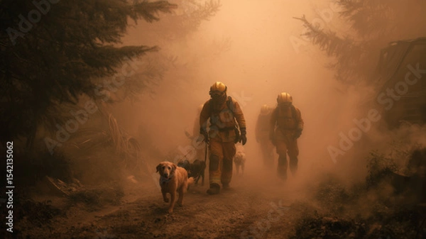 Fototapeta Pets rescued from wildfire-threatened home by firefighters near the forest, smoke and urgency captured in emotional scene