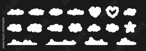 Obraz  A white cloud silhouettes with chalk texture collection. Hand drawn various fluffy sky symbol shapes on black background.