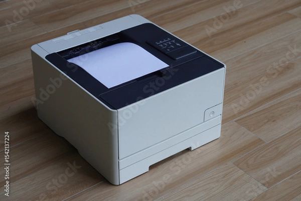 Fototapeta A compact printer is on the floor which is a wooden surface. A sheet of paper peeking out from its top output slot.