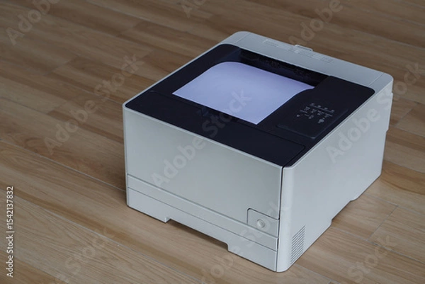 Fototapeta A laser printer positioned on a wooden floor with a sheet of white paper visibly exiting its top slot. its input tray is not extended or visible in the frame.