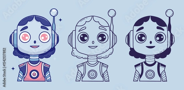 Fototapeta Cute robot girl avatars with headset and antenna collection. Isolated color and outline hand drawings doodle for tech, AI, chatbot, futuristic design projects. Vector illustration. Not AI