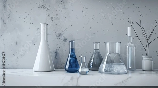 Obraz Scientific skincare display  laboratory background with glass flasks and cosmetic materials showcase