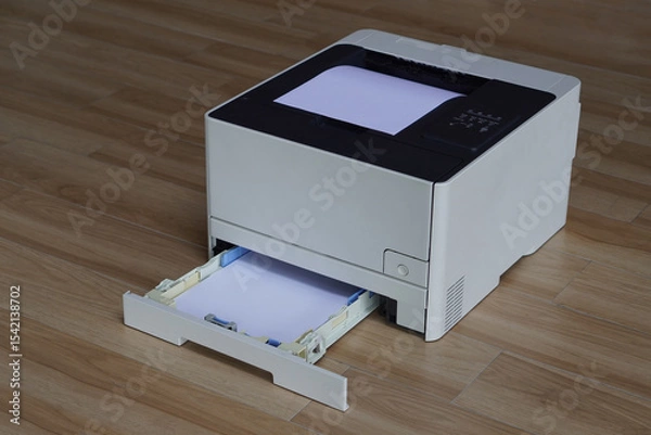Fototapeta This photograph showcases a laser printer is on a wooden floor. The input and output trays loaded with white paper. The lower tray is extended, revealing a stack of paper ready for printing.
