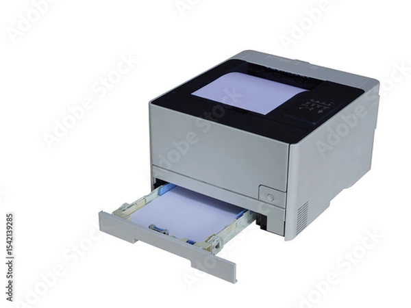 Fototapeta top view white and black laser printer on white background, lower paper input tray, object, decor, fashion, copy space