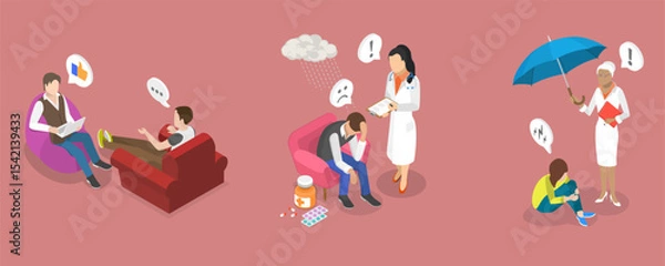 Obraz 3D Isometric Flat Vector Illustration of Psychologist Talking with Patient, Depicting Mental Health Conditions