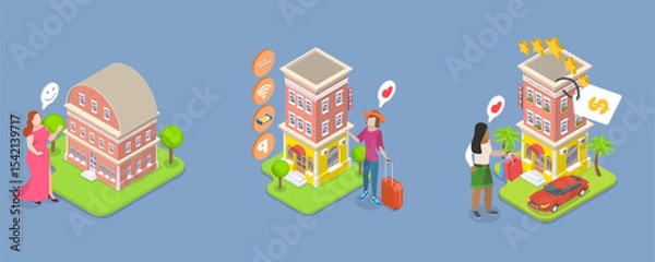 Obraz 3D Isometric Flat Vector Illustration of Planning Trip, Journey or Tour, Holiday Accommodation