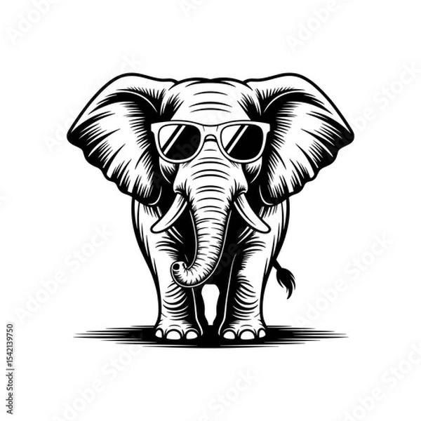 Fototapeta Cool Elephant: A stylized black and white illustration of an elephant wearing sunglasses, radiating a sense of laid-back coolness and a touch of whimsy. 