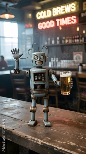 Obraz Robot at the bar drinking beer ai generated image for technology and fun concept and vintage design style