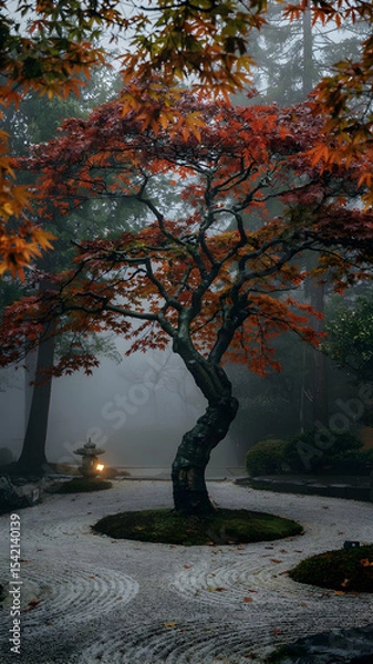Obraz Japanese garden autumn zen tree fog meditation serene tranquility scenic landscape leaves nature park travel asia fall 1