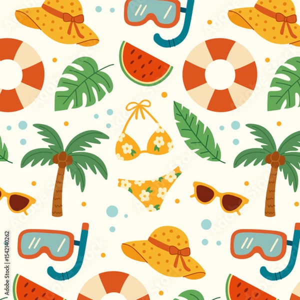Fototapeta Pattern of summer beach set. Flat hand drawn illustration. Palm trees, shells swimsuit, tropical leaves, hat, sunglasses, bag, flip flops. Perfect for packaging, textiles, backgrounds, cards, prints.