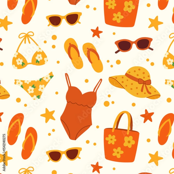 Fototapeta Pattern of summer beach set. Flat hand drawn illustration. Palm trees, shells, swimsuit, tropical leaves, hat, sunglasses, bag, flip flops. Perfect for packaging, textiles, backgrounds, cards, prints.