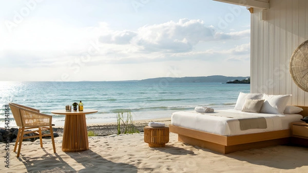 Obraz Beachfront luxury resort with bed and ocean view for vacation and relaxation destination travel getaway