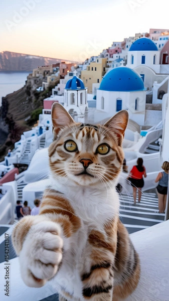 Obraz Cute cat in santorini greece travel photography of oia village with blue domes and white architecture view