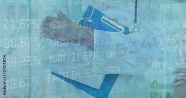 Obraz Female doctor in lab coat holding clipboard and stethoscope in clinic, displaying data overlay