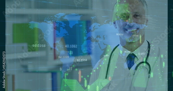 Obraz Displaying doctor wearing lab coat and stethoscope in clinic, with digital data overlay, copy space