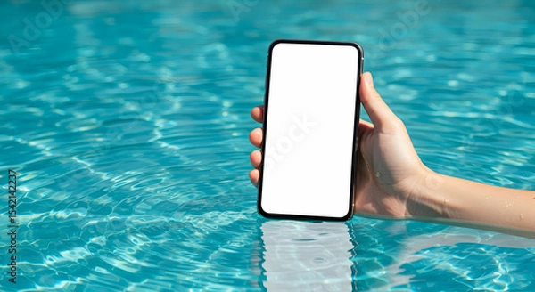 Obraz Hand holding phone with blank screen in pool water summer vacation mobile mockup poolside technology