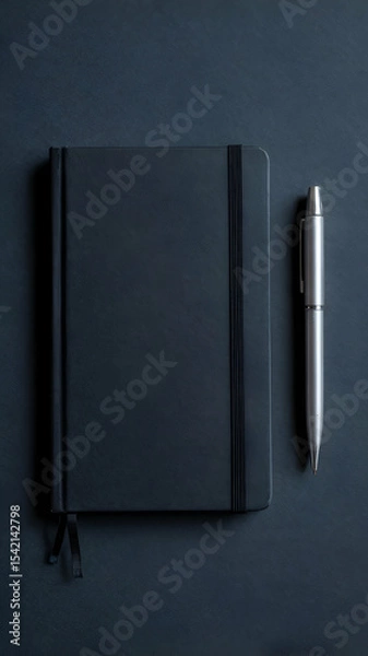 Obraz Black notebook and silver pen on dark background for writing journaling and note taking concept design