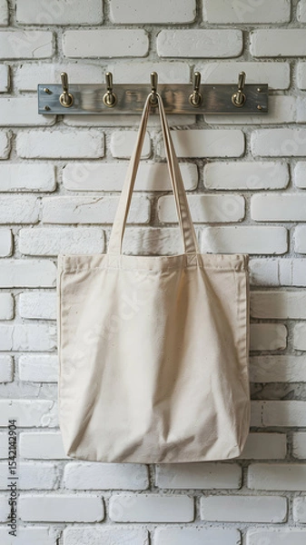Obraz Tote bag mockup hanging on hooks against a white brick wall for product display and marketing use case