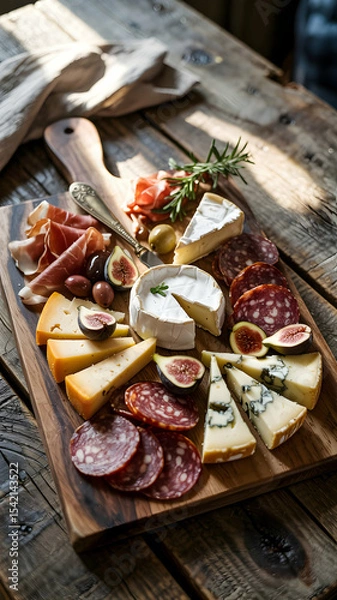 Obraz Delicious cheese board platter with brie cheddar salami figs and olives on wooden table top gourmet food