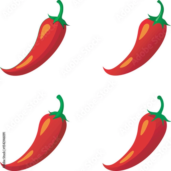 Fototapeta A vibrant collection of stylized red chili illustrations, showcasing various forms from whole peppers to dried flakes, highlighting their fiery essence