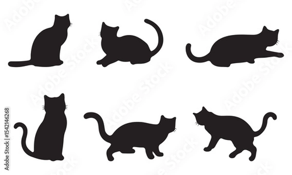 Obraz Set of silhouette cats in different poses. Isolated black cat on white background. Vector illustration of elements for design decoration.