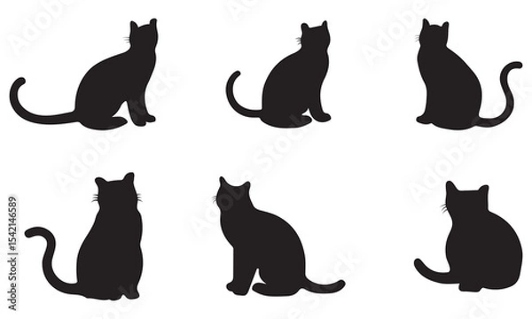 Obraz Collection of black cat silhouettes in various poses. Set of black cat silhouette. Kitten silhouette collection isolated on white background