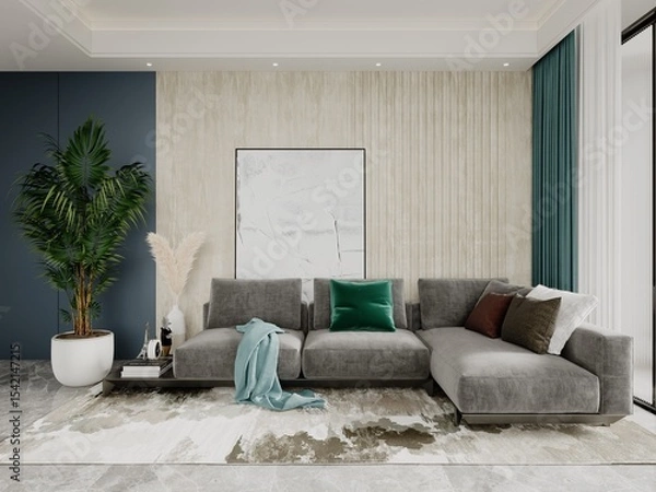 Fototapeta Mock up of an exclusive living room with a fashionable comfortable sofa and a stylish decorative background, 3D rendering.
