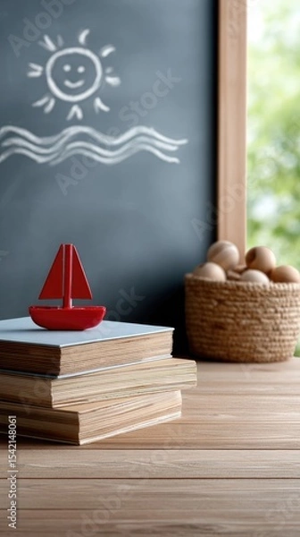 Fototapeta The setting features a wooden rocket ship alongside a stack of colorful books on a tabletop, complemented by a chalkboard background that enhances the educational theme.
