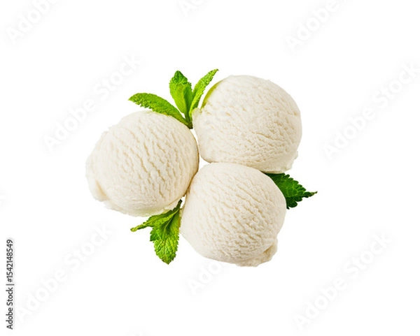 Obraz Three balls of creamy or vanilla ice cream with mint leaves isolated on white background with clipping path, top view. Design element.