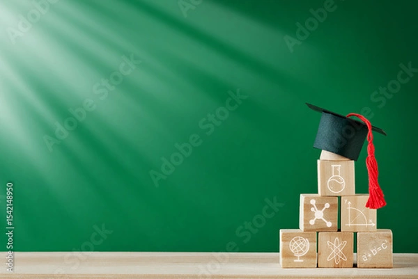 Obraz Stacked pyramid of wooden blocks with icon scientific symbols on green blackboard or chalkboard background. Concept education, development and learning. Empty background. Back to school concept.
