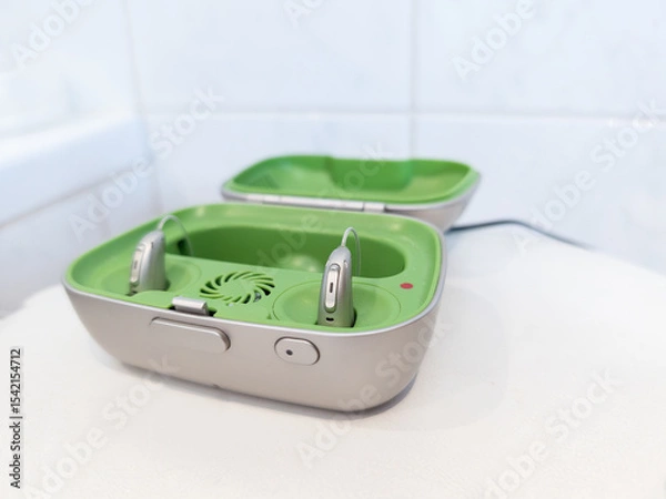 Fototapeta pair of modern rechargeable hearing aids placed in a green and gray charging case. Hearing devices designed for individuals with hearing loss, medical technology and senior healthcare solutions, every