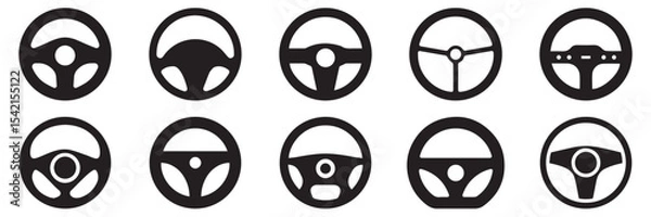 Obraz Car Steering Wheel Icons Set – Silhouette and Line Style Symbols for Vehicle Interface and UI Design