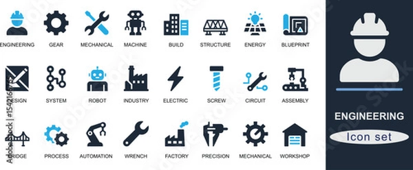 Fototapeta Solid  engineering icon set with gear, machine, robot, tool, factory, CAD, automation, and system. Ideal for industry, UI, mechanical and tech design.