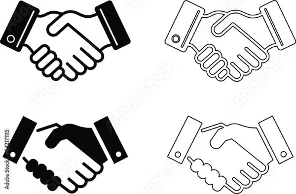 Fototapeta Vector illustrations of four handshake icons in black and white, representing agreement