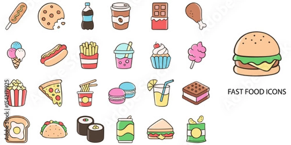 Obraz Fast Food simple concept 24 hand drawn color icons set .Vector illustration.	