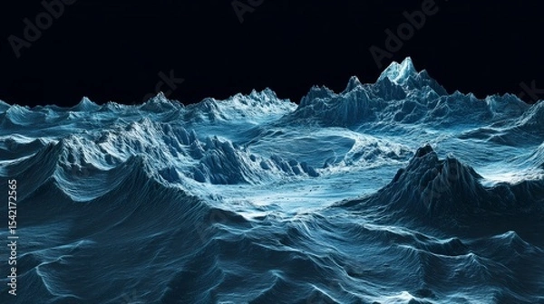 Obraz Detailed digital illustration of an oceanic landscape with topographic lines rendered in shades of blue against a dark background