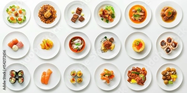 Fototapeta A variety of plated dishes, showcasing diverse cuisines and preparations.  Each dish is presented on a separate white plate, creating a visually appealing array