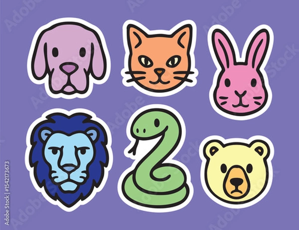 Fototapeta Colorful cartoon line art icons,stickers set. dog,cat,rabbit,lion,snake,bear
