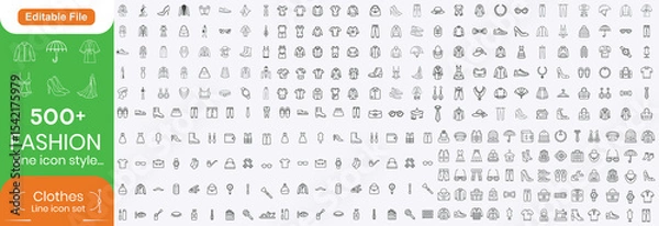 Fototapeta Set of line icons related to fashion, sewing, and clothing. Outline icon collection. clothes and cloth elements - minimal thin line web icon set. Outline editable icons collection. Dress,polo t-shirt