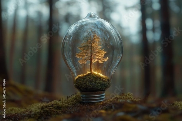 Fototapeta Tiny tree inside a glowing light bulb, nestled in moss, forest background