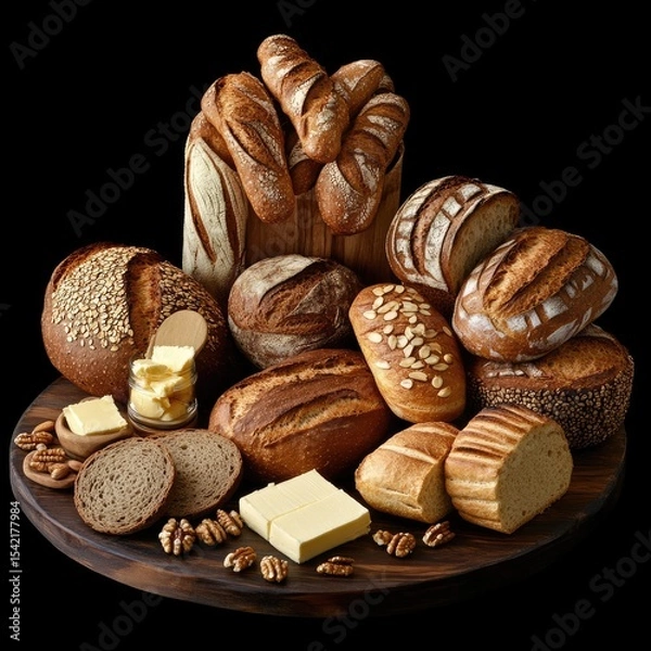 Fototapeta Assorted artisanal breads and butter on a wooden platter