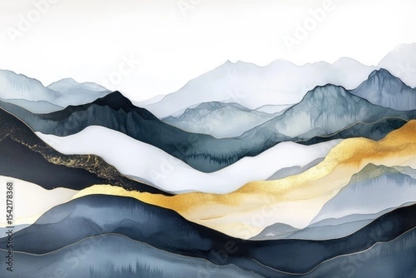 Fototapeta Abstract mountain range with layered washes of gold, blue, and white