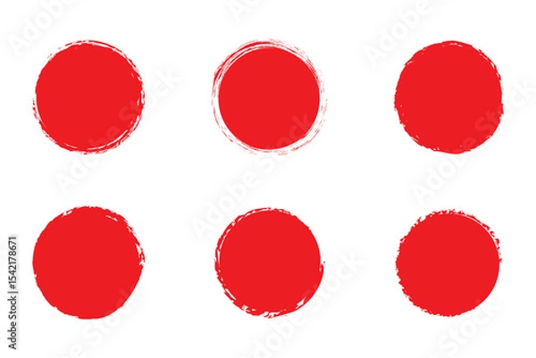 Fototapeta Japanese red circle painted with brush. Chinese sun with textured stroke. Set of round stamps in grunge style.
