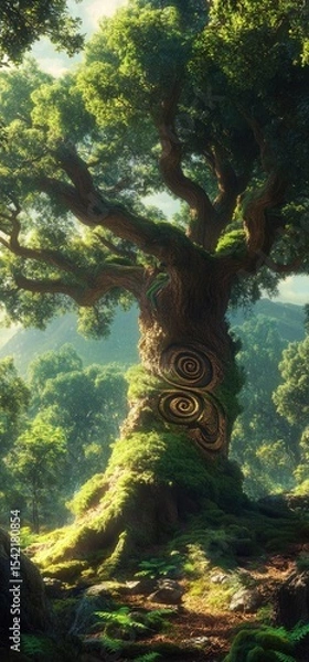 Fototapeta Ancient, mystical tree in lush forest. Sunlight filters through the canopy